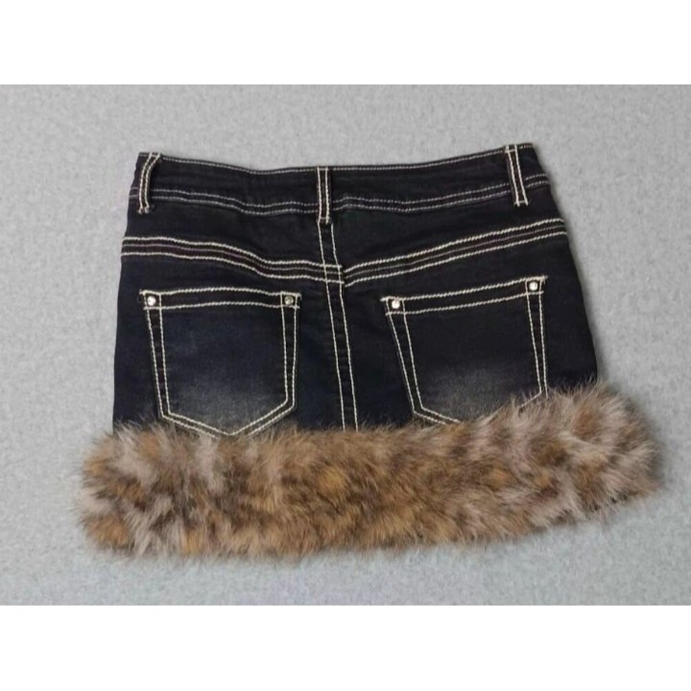 Romwe Kawaii Y2K Gyaru Faux Fur Denim Mini Skirt S Retro Bratz Mall Goth Grunge - Picture 14 of 14